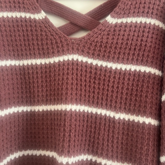 Moral Fiber Criss-Cross V-Neck Striped Sweater - Burgundy & White - Picture 2 of 7